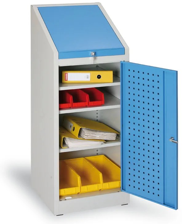 Szafka warsztatowa na narzędzia z pulpitem KOVOS, 3 półki, perforowane drzwi, 500 x 500 x 1300 mm