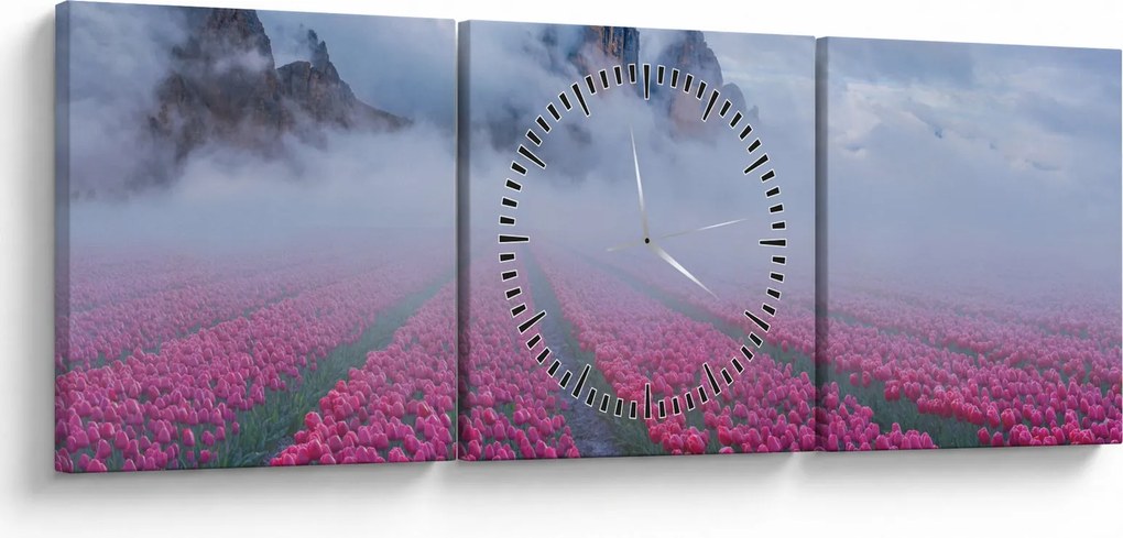 Obraz - Krajobraz z polami tulipanów (z zegarem) (90x30 cm)
