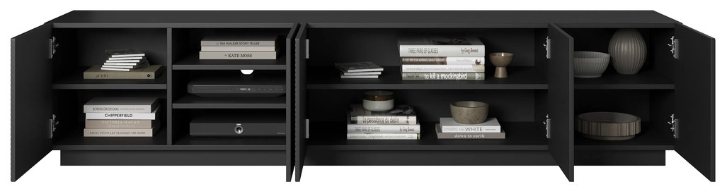 Szafka RTV Asha 200 cm pięciodrzwiowa z ryflowanym frontem - czarny mat