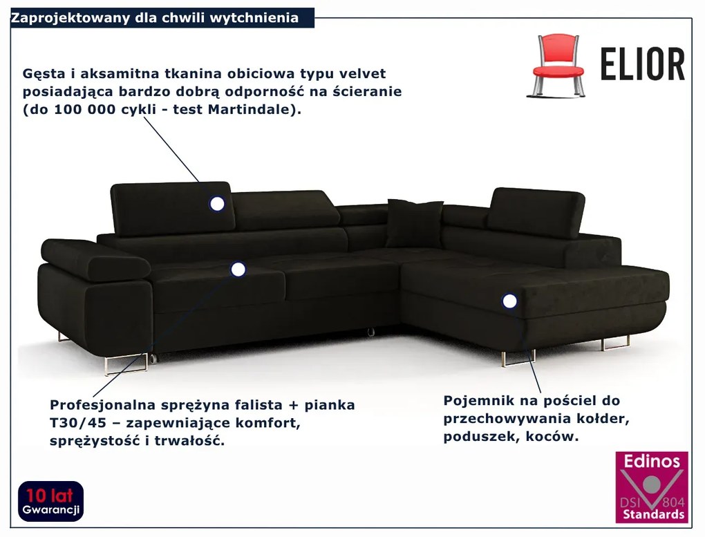 Czarny narożnik welurowy z funckją spania B9-H34