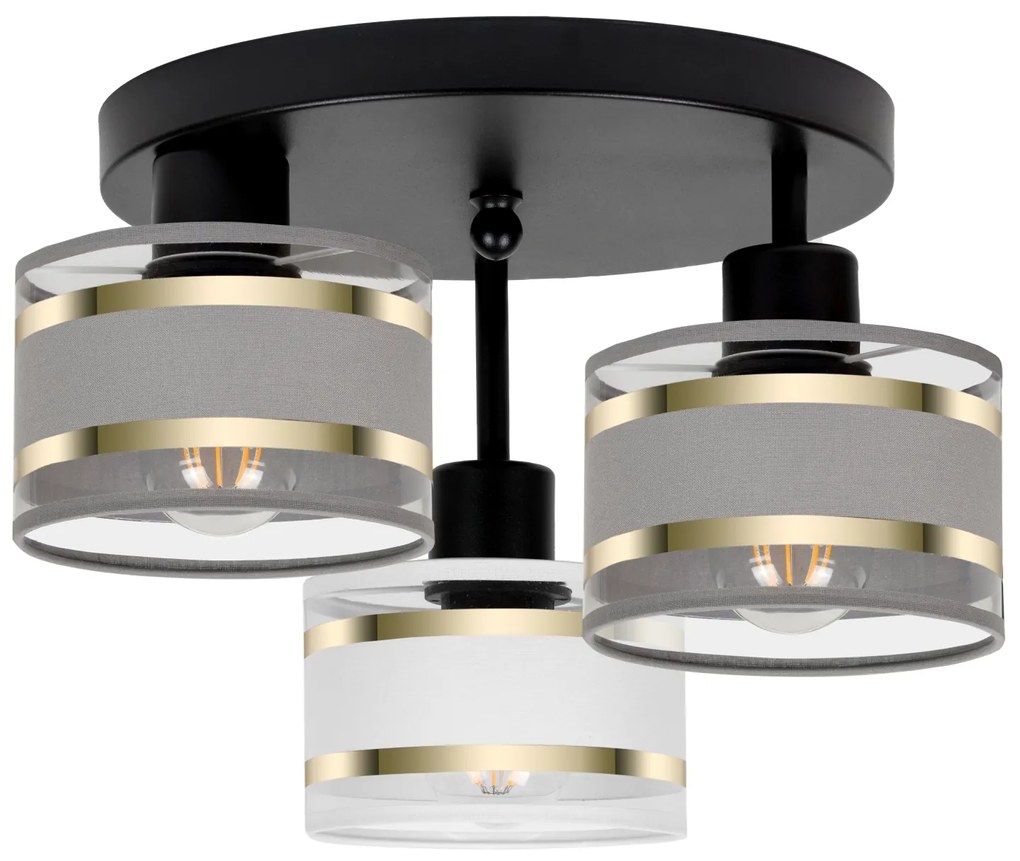 Lampa sufitowa czarna trzypunktowa z szaro-białymi abażurami T-3030SC-