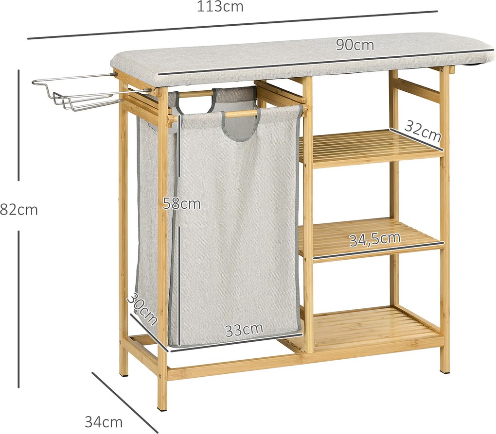 HOMCOM Segregator na pranie, multifunkcyjny, z deską do prasowania i workiem 57L, stelaż z bambusa, 113x34x82cm, naturalny/szary