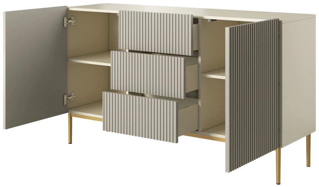 Komoda Nicole 150 cm z szufladami i ryflowanym frontem - kaszmir / złote nóżki