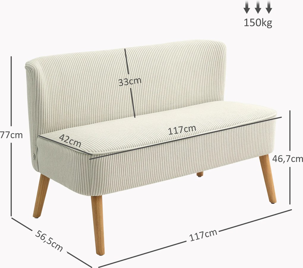 HOMCOM Dwuosobowa Kanapa, Miękkie Siedzisko, Łatwa w Utrzymaniu, Obciążenie do 150 kg, 117 x 56,5 x 77 cm, Kremowy