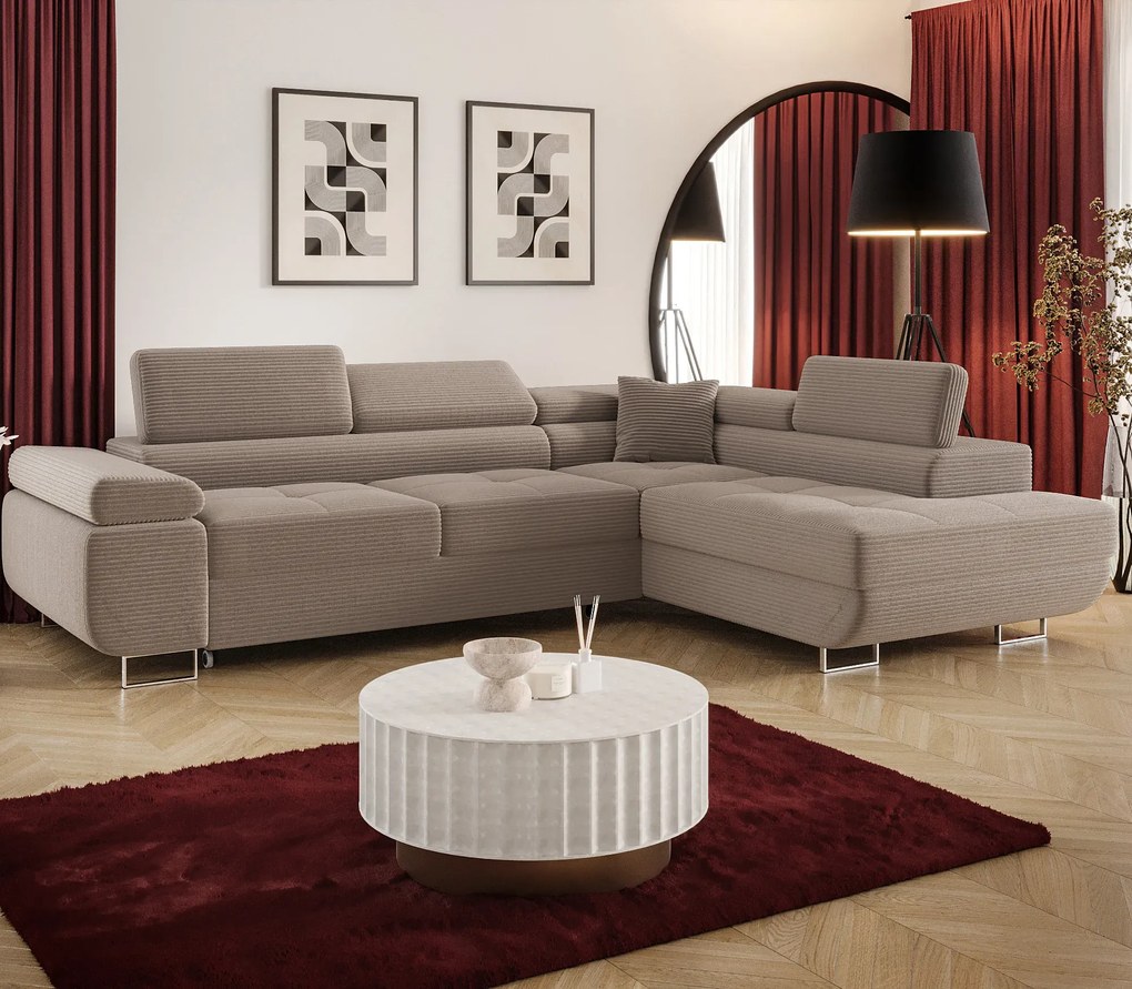 Beżowy rozkładany narożnik z pojemnikiem E0-P24