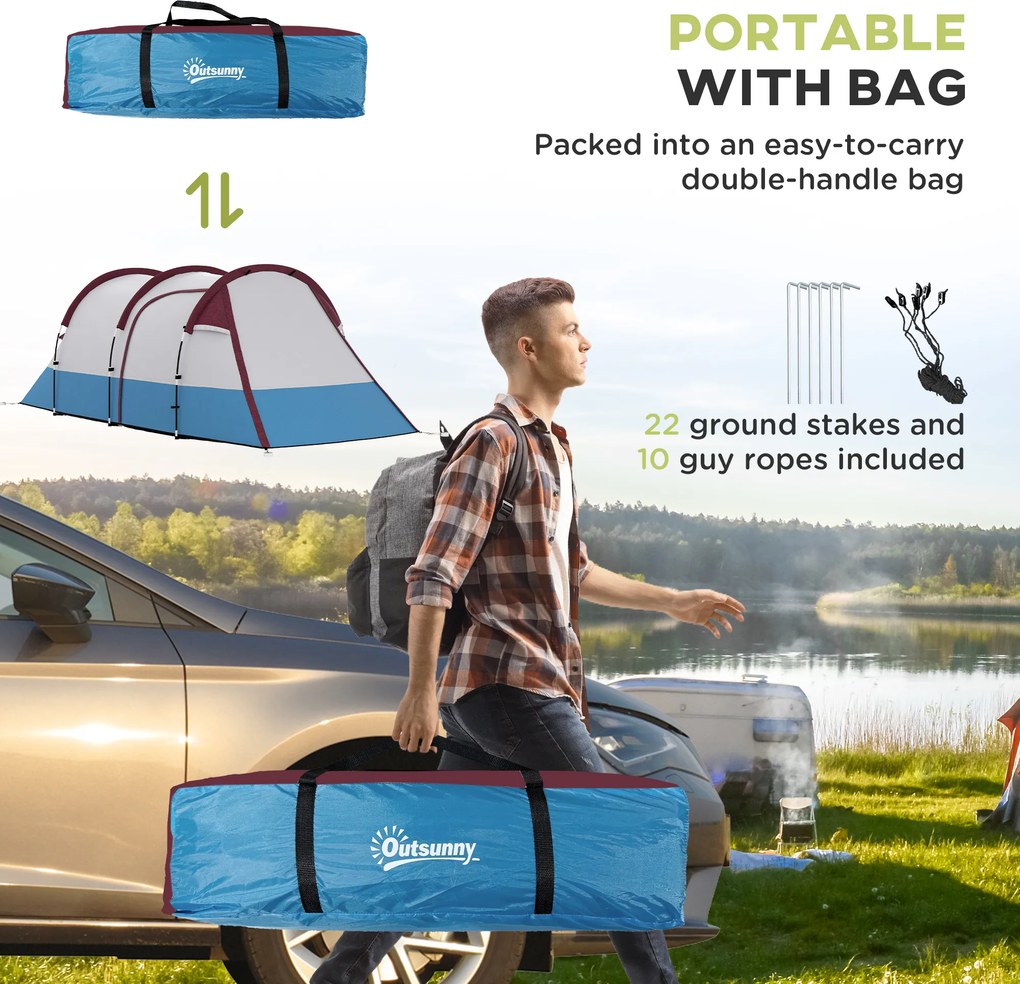 Outsunny Namiot dla 3 osób, z hakiem na latarnię, trzy wejścia, wodoodporny, Czerwony