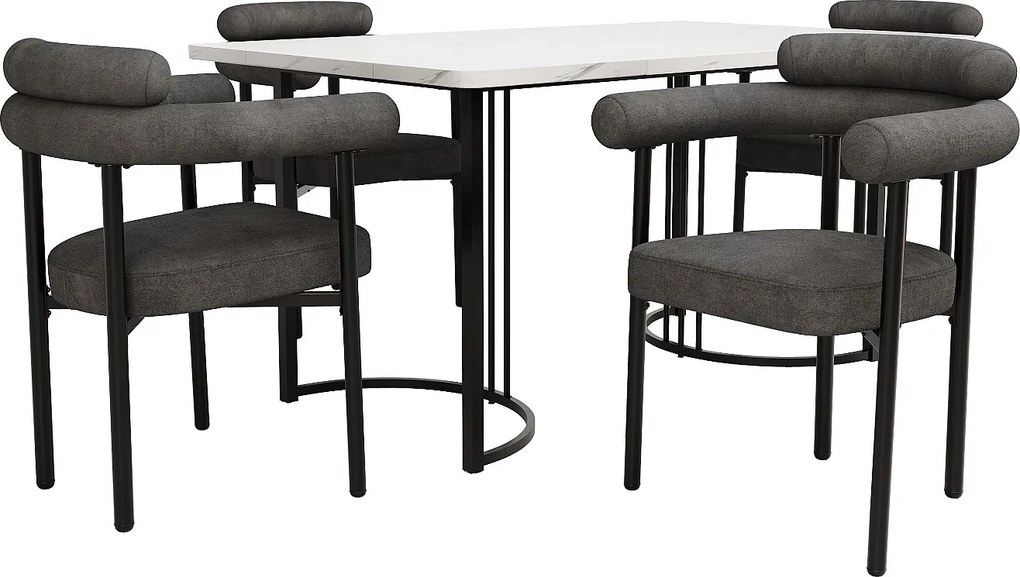 Zestaw stół jadalny + 4 krzesła welurowe - 140 x 80 x 75 cm - MDF drewno i metal - Blat imitujący marmur - Szary + biały