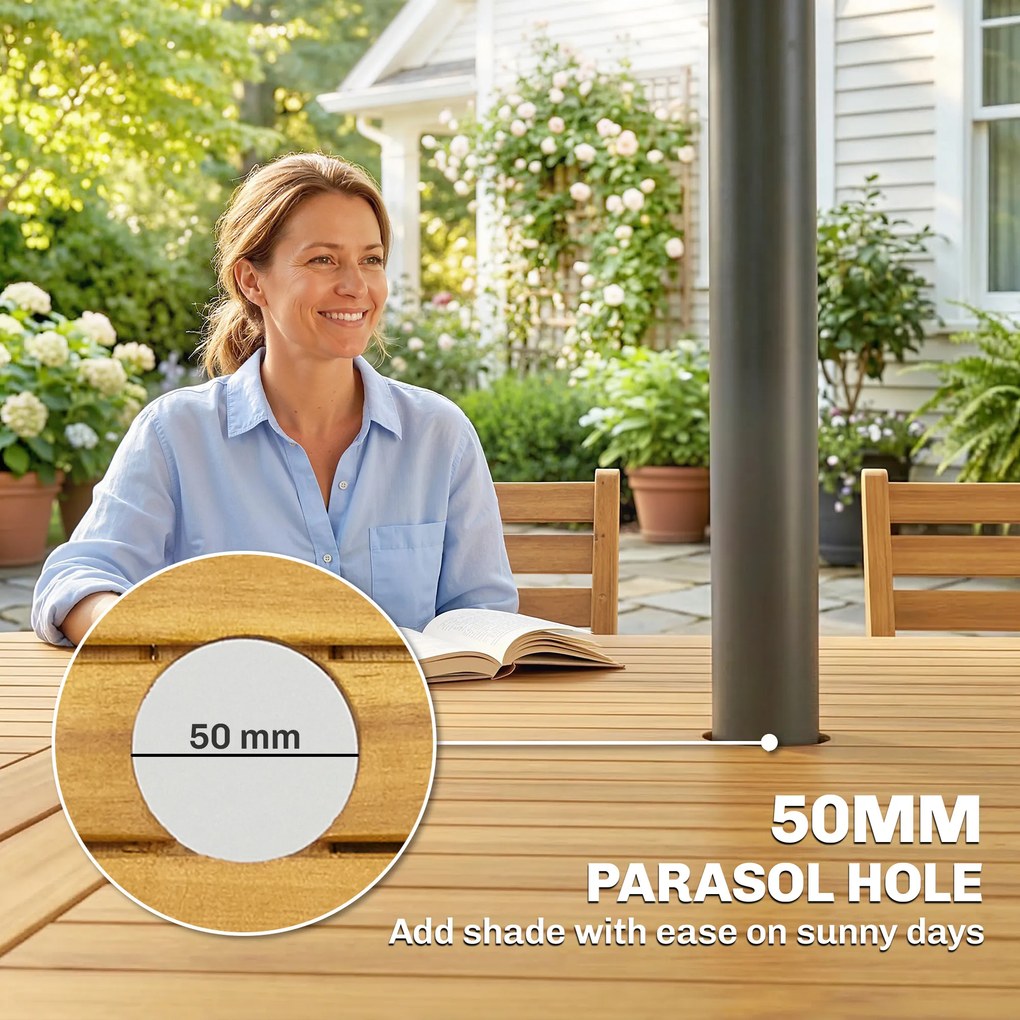 Outsunny Zestaw mebli ogrodowych FSC drewno 7-częściowy, rozkładany stół z 6 składanymi krzesłami, otwór na parasol, design lamelowy | Aosom PL