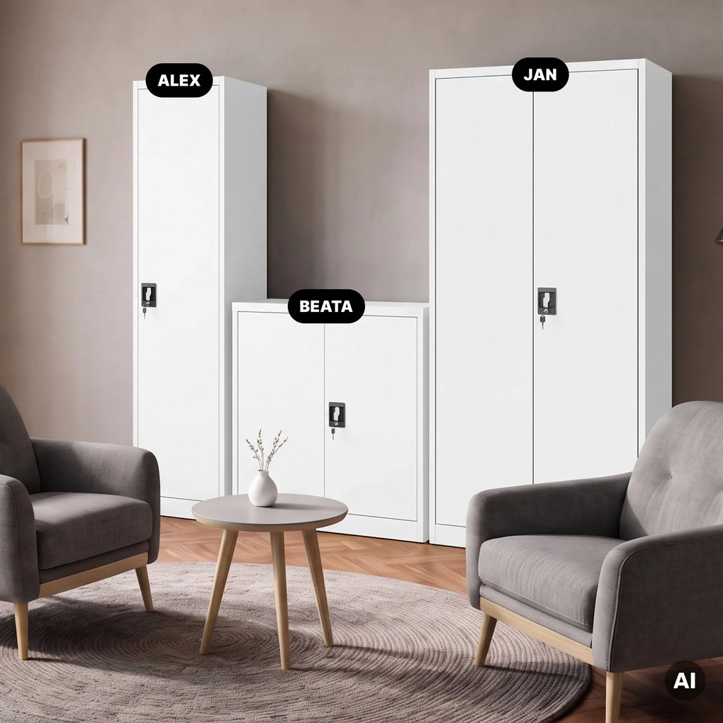 Szafa biurowa metalowa na akta, wąska, biała, 450x1850x400 mm: ALEX