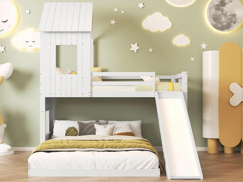 Łóżko piętrowe dla dzieci z zjeżdżalnią i drabinką - 90x200 cm + 140x200 cm - z drewna sosnowego i MDF - Białe