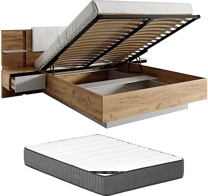Łóżko ze skrzynią i szafkami nocnymi 160 x 200 cm - Z oświetleniem LED - Kolor: Naturalny i biały + Materac - ELYNIA