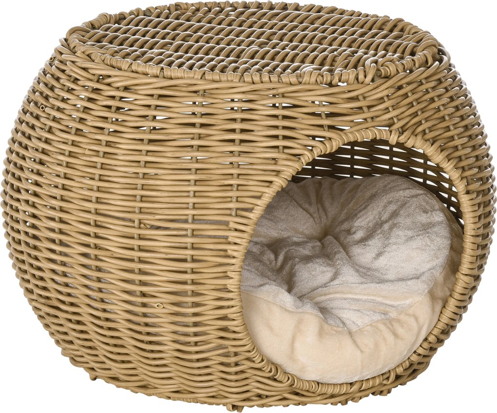PawHut Domek dla kota kosz jaskinia 2 poziomy z plecionki imitacji rattanu z żywicy z 1 miękką poduszką Ø 40 x 30 cm jasnobrązowy | Aosom PL