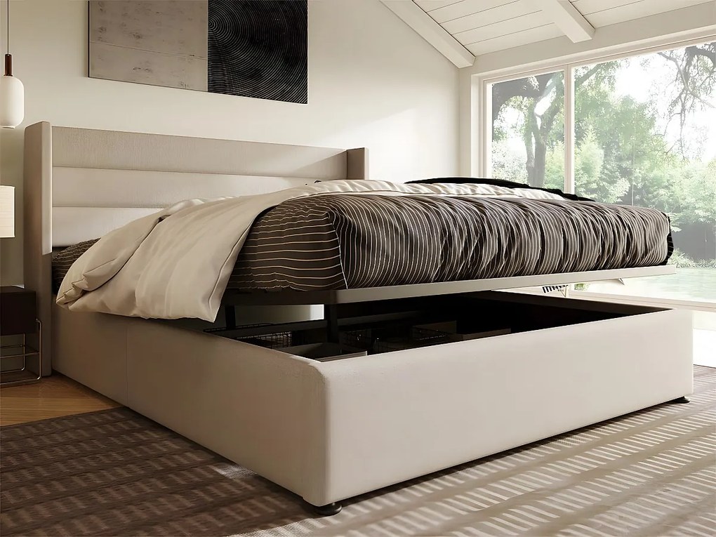 Łóżko 140x200cm z lnu z stelażem na listwach - Beżowe