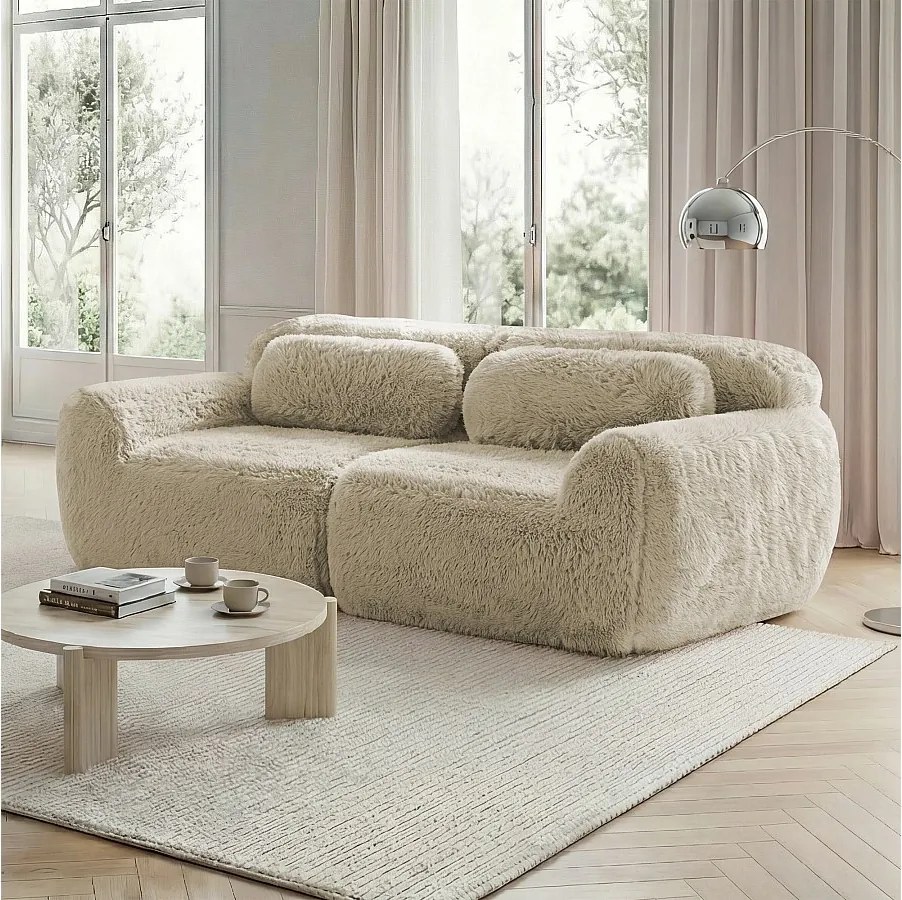 Modułowa sofa 2-osobowa bezramowa z pluszowej tkaniny z poduszkami – kolor jasny khaki