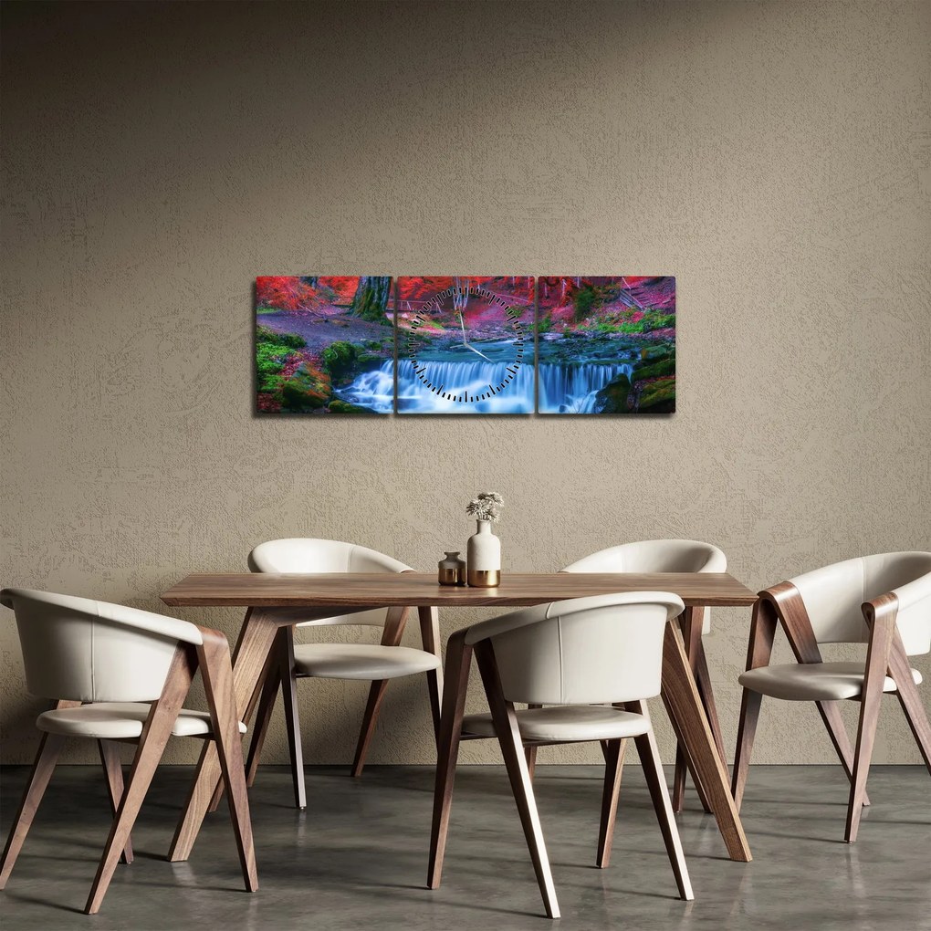 Obraz wodospadu w czerwonym lesie (z zegarem) (90x30 cm)