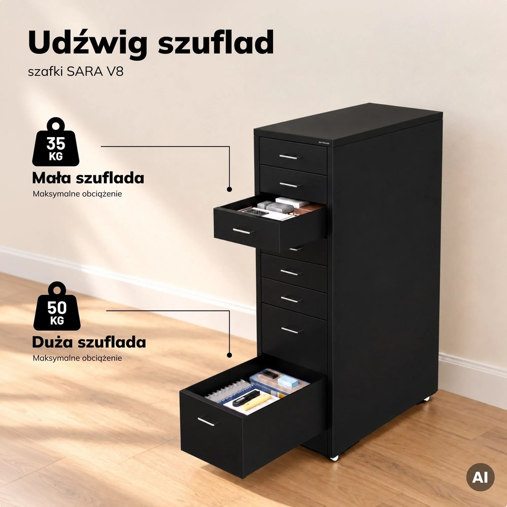 Szafka kartotekowa na kółkach, metalowa, 8 szuflad, na dokumenty, czarna, 300x1100x600 mm: SARA V8