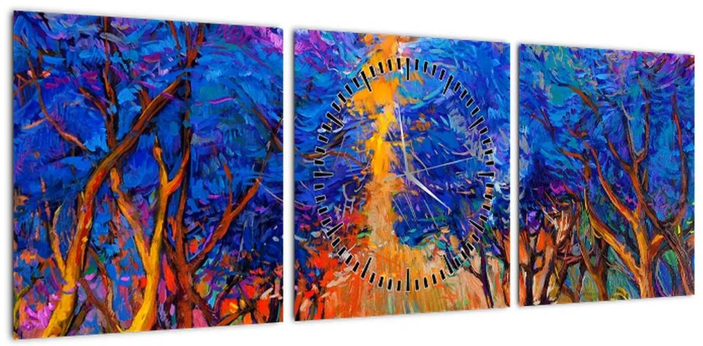 Obraz - Jesienne korony drzew, nowoczesny impresjonizm (z zegarem) (90x30 cm)