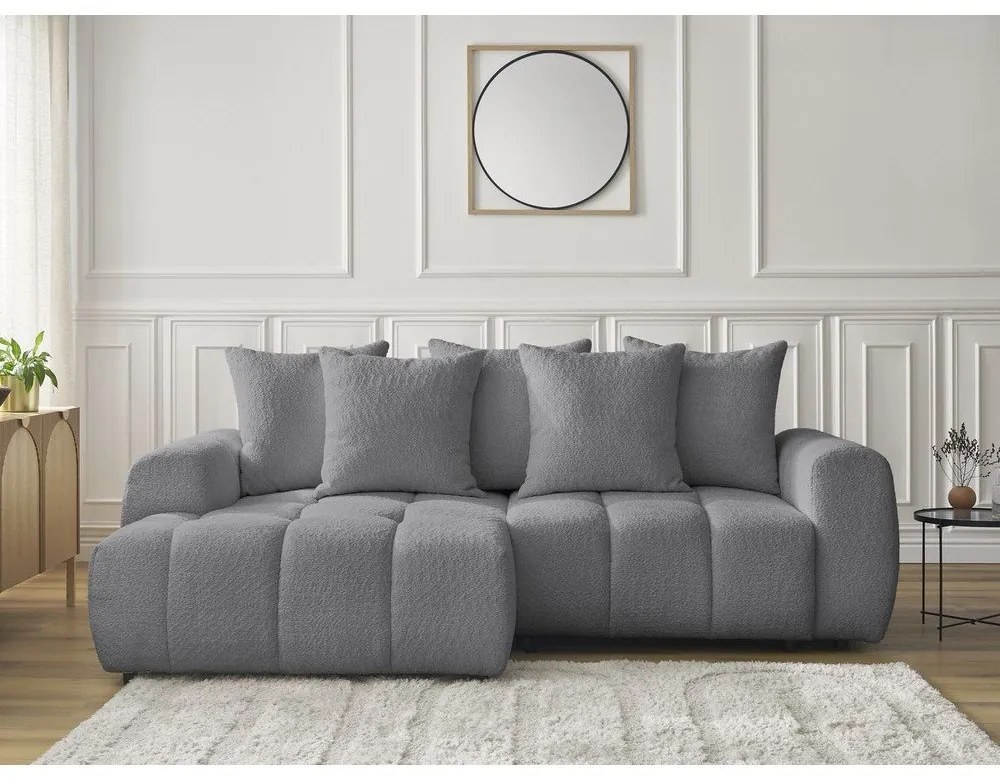 Szary rozkładany narożnik z materiału bouclé ze schowkiem (lewostronny/z szezlongiem) Roxelane – Bobochic Paris