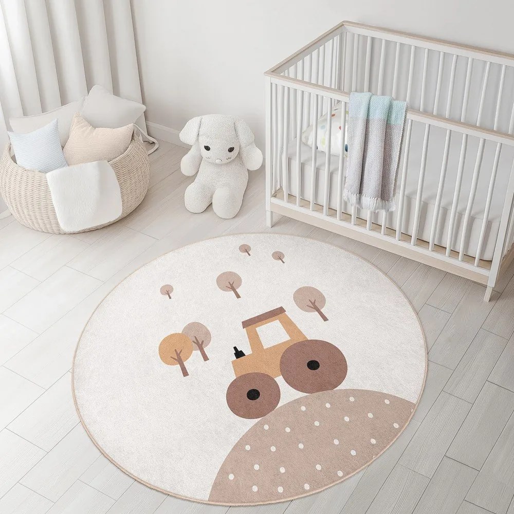 Beżowy dywan dziecięcy odpowiedni do prania ø100 cm Tractor World – Mila Home