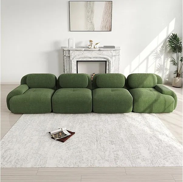 Sofa 4-osobowa Modułowa z Weluru Prążkowanego - z 4 Poduszkami - 388x103x75cm - Zielony