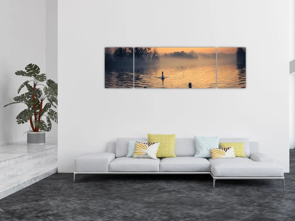 Obraz łabędzi na wodzie we mgle (170x50 cm)