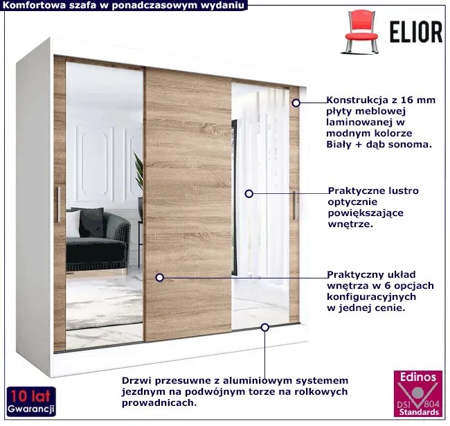 Szafa przesuwna biały + dąb sonoma 200 cm - Seko 6X