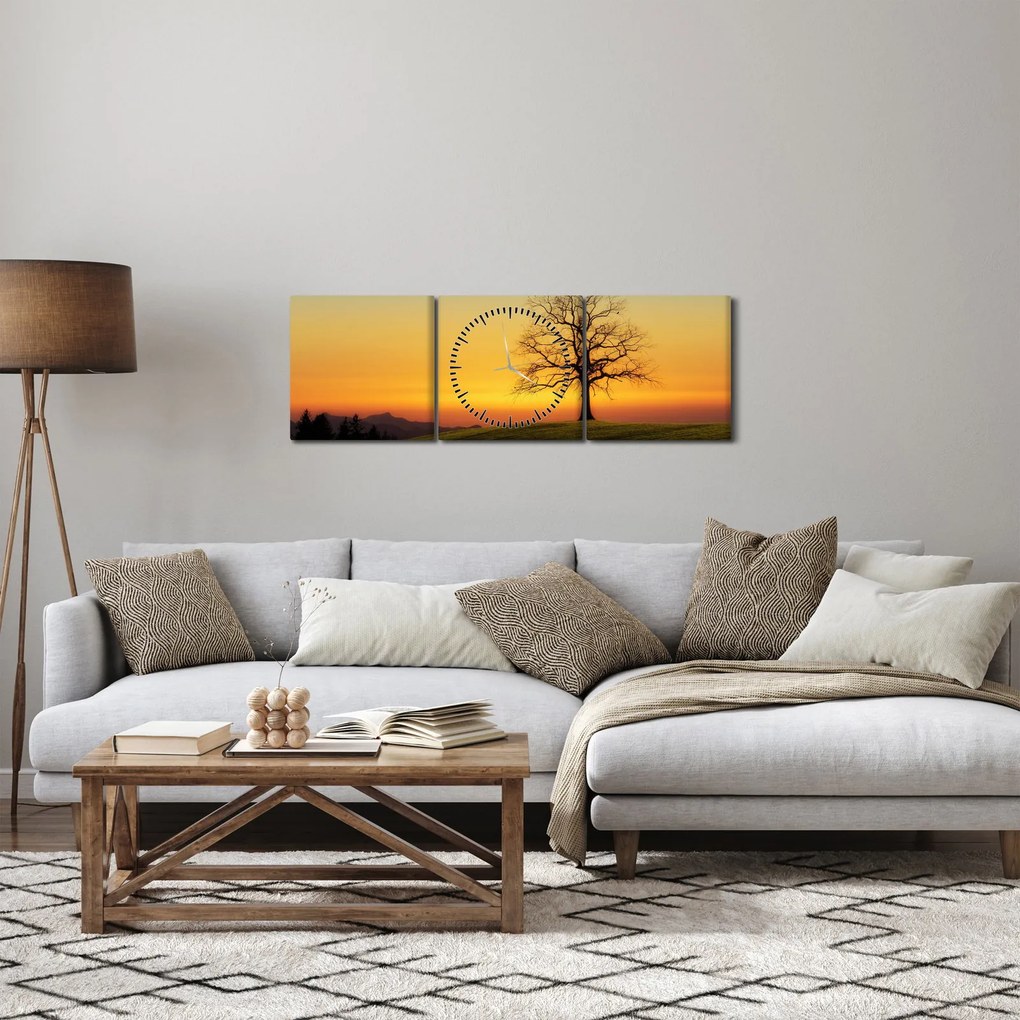 Obraz drzewa na polu (z zegarem) (90x30 cm)