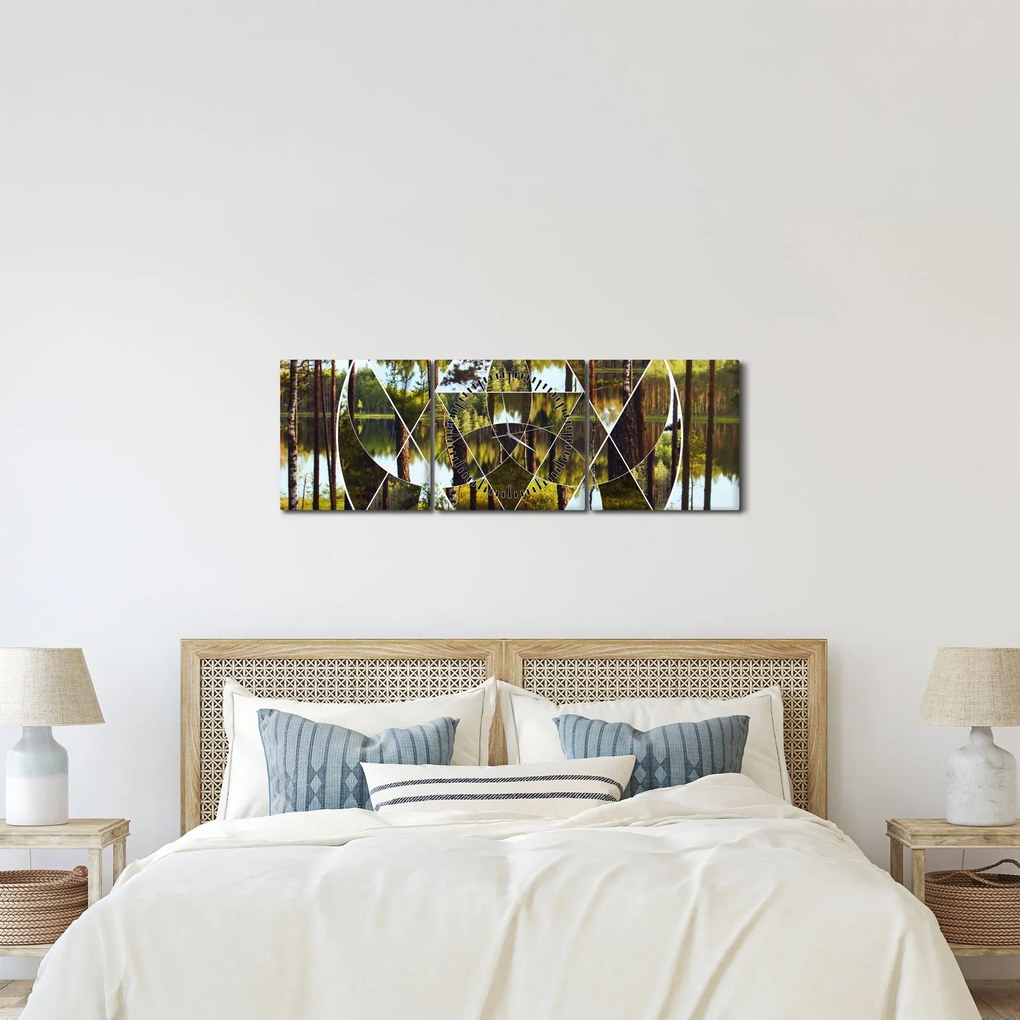 Obraz - Geometryczny kolaż na tle nordyckich lasów (z zegarem) (90x30 cm)