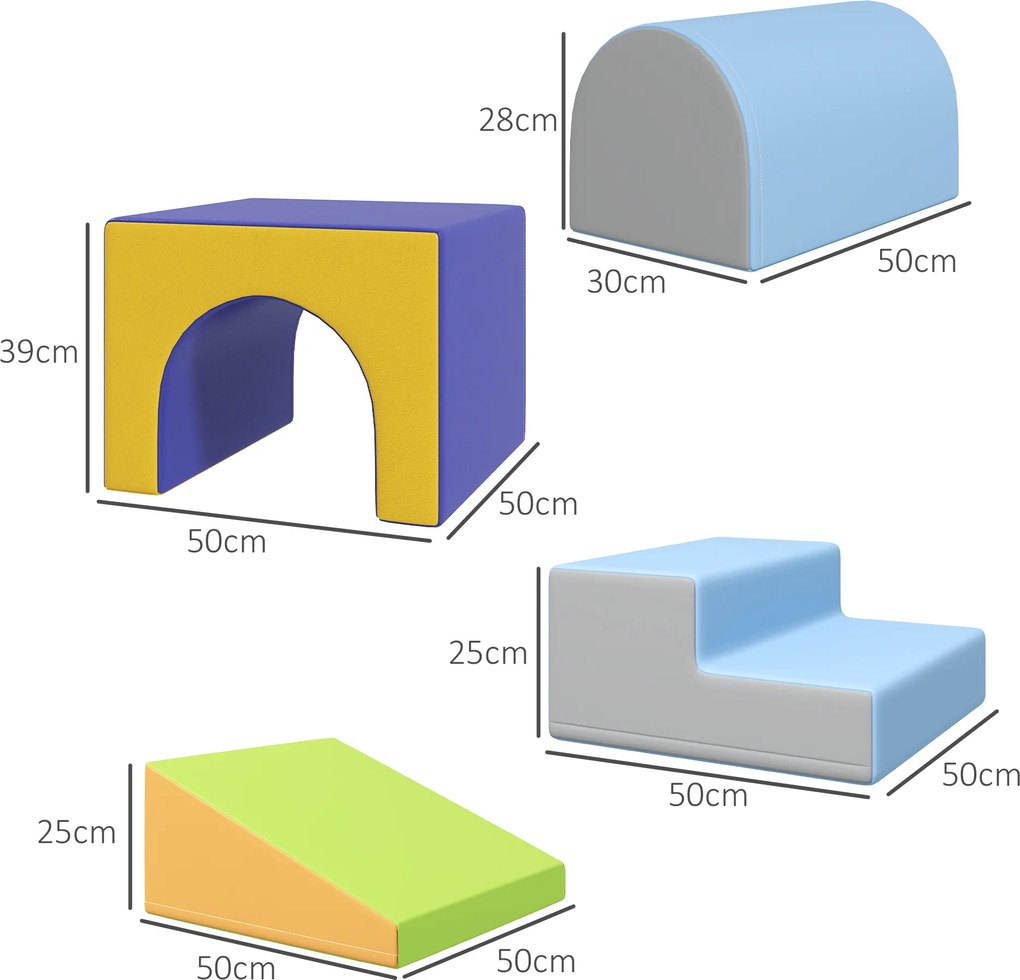 HOMCOM Zestaw 4 Kolorowych Miękkich Klocków do Wspinaczki i Zjeżdżania, Pokryty Ekoskórą, dla Dzieci 1-3 Lata
