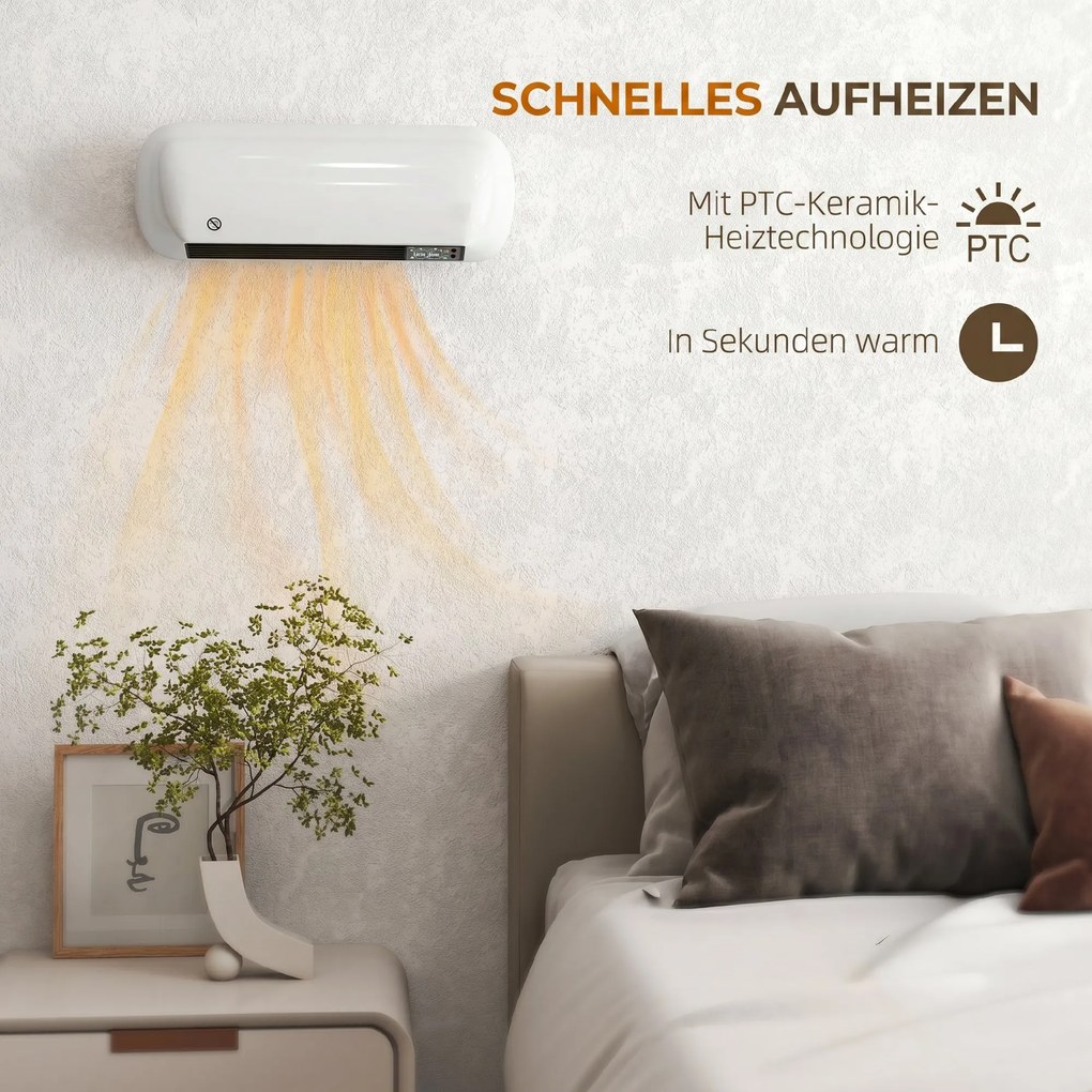 HOMCOM Ścienny grzejnik nadmuchowy 2000W ceramiczny grzejnik ścienny z wentylatorem, 2 poziomy mocy, wyświetlacz LED, termostat, biały | Aosom PL