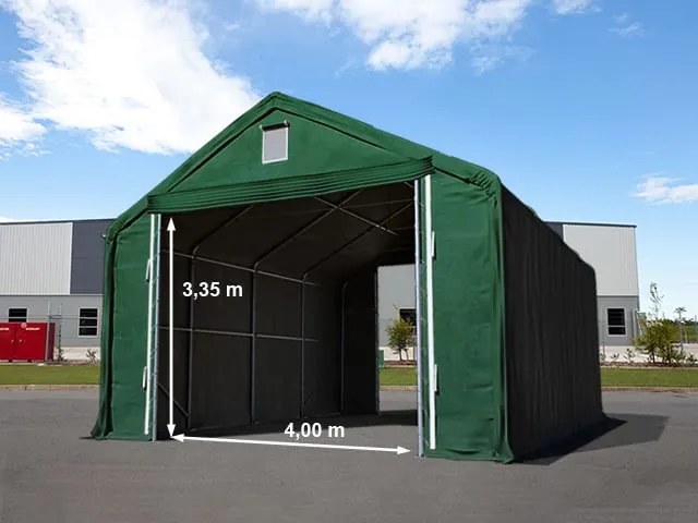 TOOLPORT 6x12m Hala namiotowa - 3 m wysokość ścian bocznych z 4x3,35m bramą, PRIMEtex 2300, ciemnozielony, ze statyką (podłoże betonowe) - (48847)