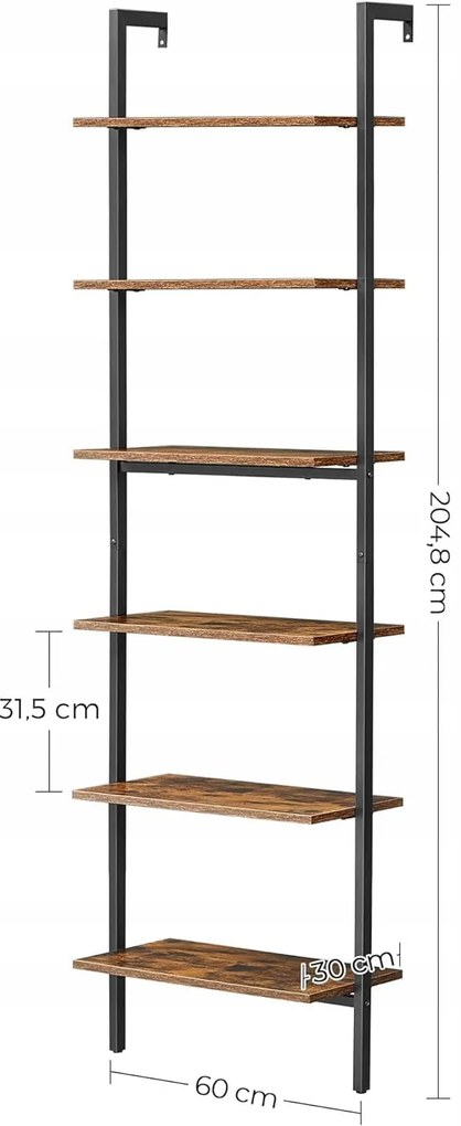 Regał z półkami TAYLOR 6 półek 204,8x60 cm, rustykalny brązowy
