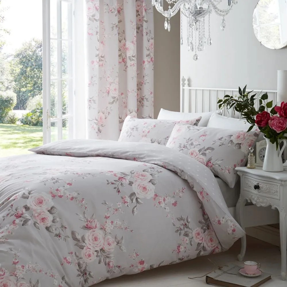 Szara pościel dwuosobowa 230x220 cm Canterbury Floral – Catherine Lansfield