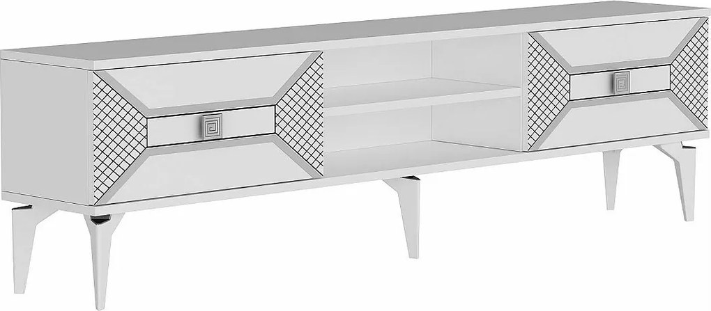 Stojak pod TV – szerokość 150 cm – kolor biały i srebrny – płyta wiórowa pokryta melaminą