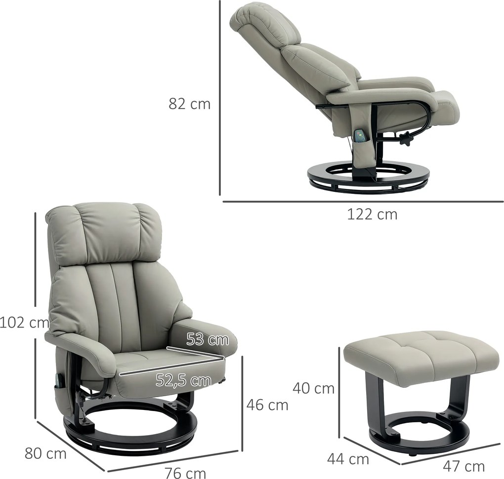 HOMCOM Fotel Relaksacyjny z Funkcją Masażu, Telewizyjny Fotel z Boczną Kieszenią, Skóra Ekologiczna, Szary