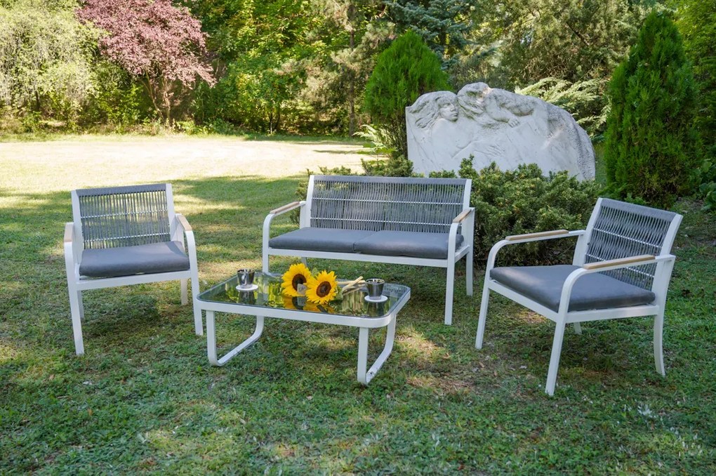 Zestaw mebli na balkon z aluminium meble z plecioną liną sofa 2 fotele stolik kawowy OUTLET