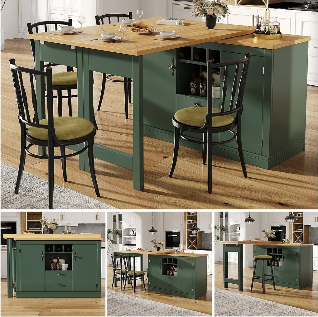 Rozkładany stół barowy - 120/180 x 76 cm - z diodami LED + 2 drzwi + 2 szuflady - obrotowy 360° - MDF - zielony