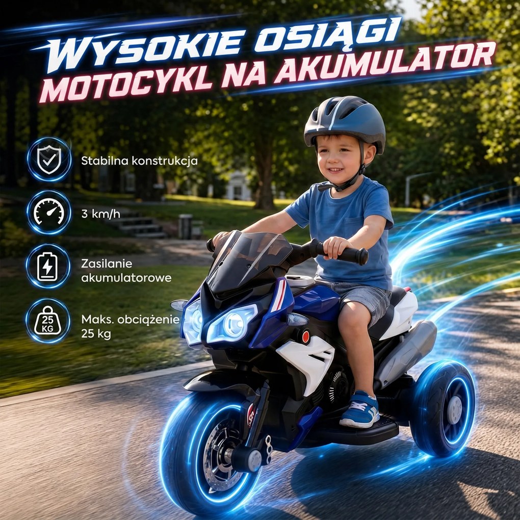 HOMCOM Elektryczny motocykl dla dzieci, z światłami i dźwiękami, 3 km/h, ładowany, plastik i metal, Niebiesko-Czerwony