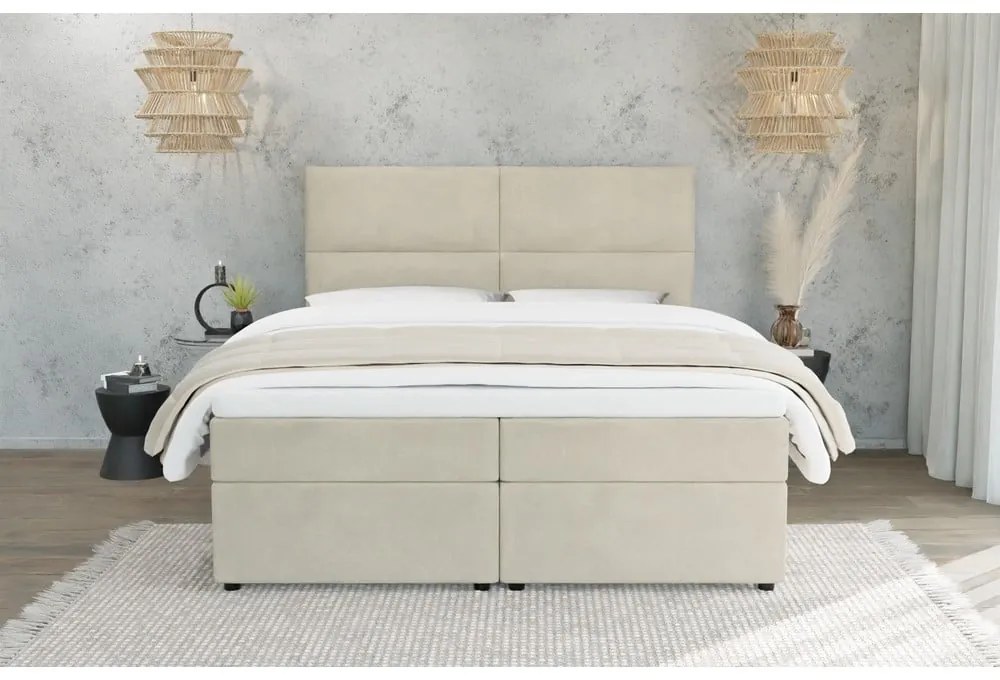Beżowe łóżko boxspring ze schowkiem 200x200 cm Rico – Ropez