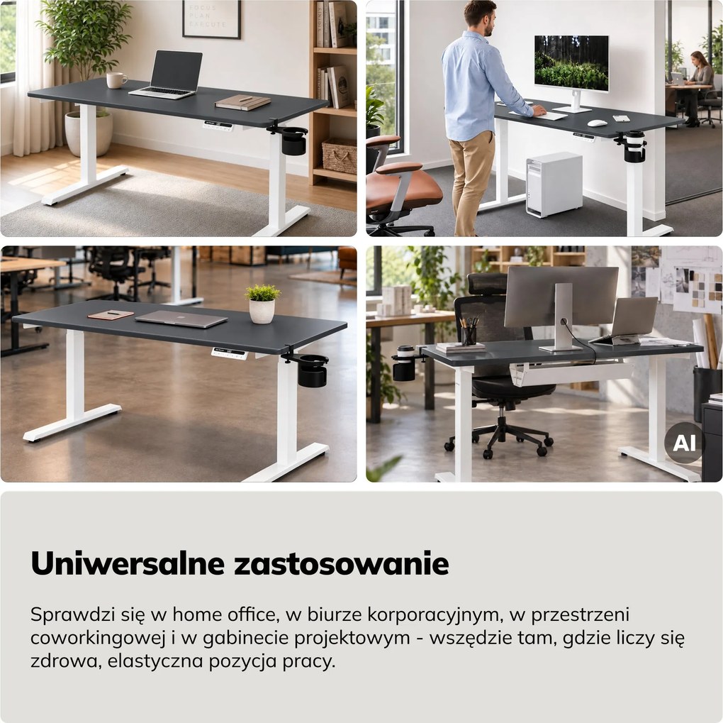 Biurko elektryczne z regulacją wysokości ergonomiczne biało-antracytowe,1400x700 mm: ARIA