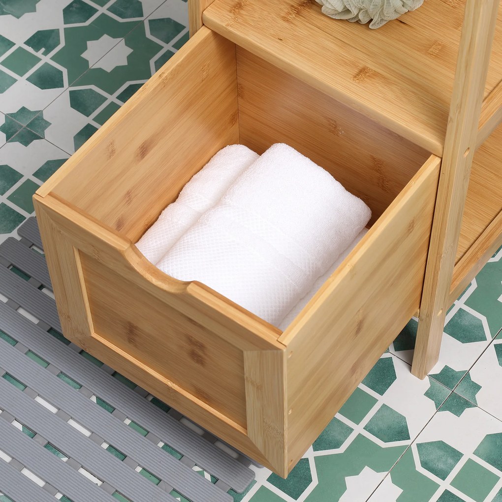 Szafka łazienkowa kleankin, 3 półki, 2 szuflady, bambus, 30 cm x 30 cm x 140 cm, naturalny | Aosom PL