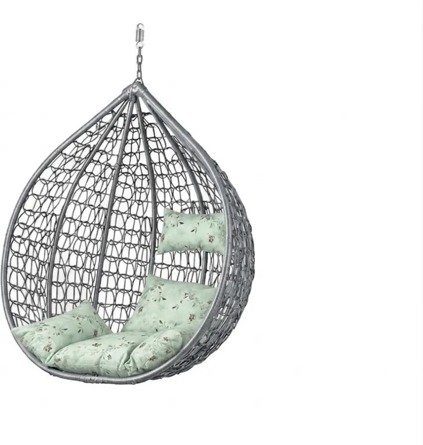 Szare wiszące krzesło KOKON bez stojaka, jasny zielony poduszka ze wzorem