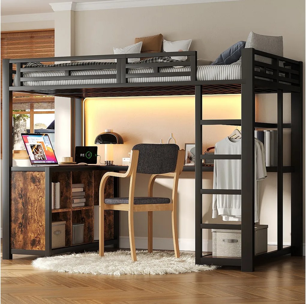 Łóżko piętrowe metalowe - 140 x 200 cm - z biurkiem + oświetlenie LED + port USB + półka - płyta MDF + metal - kolor czarny