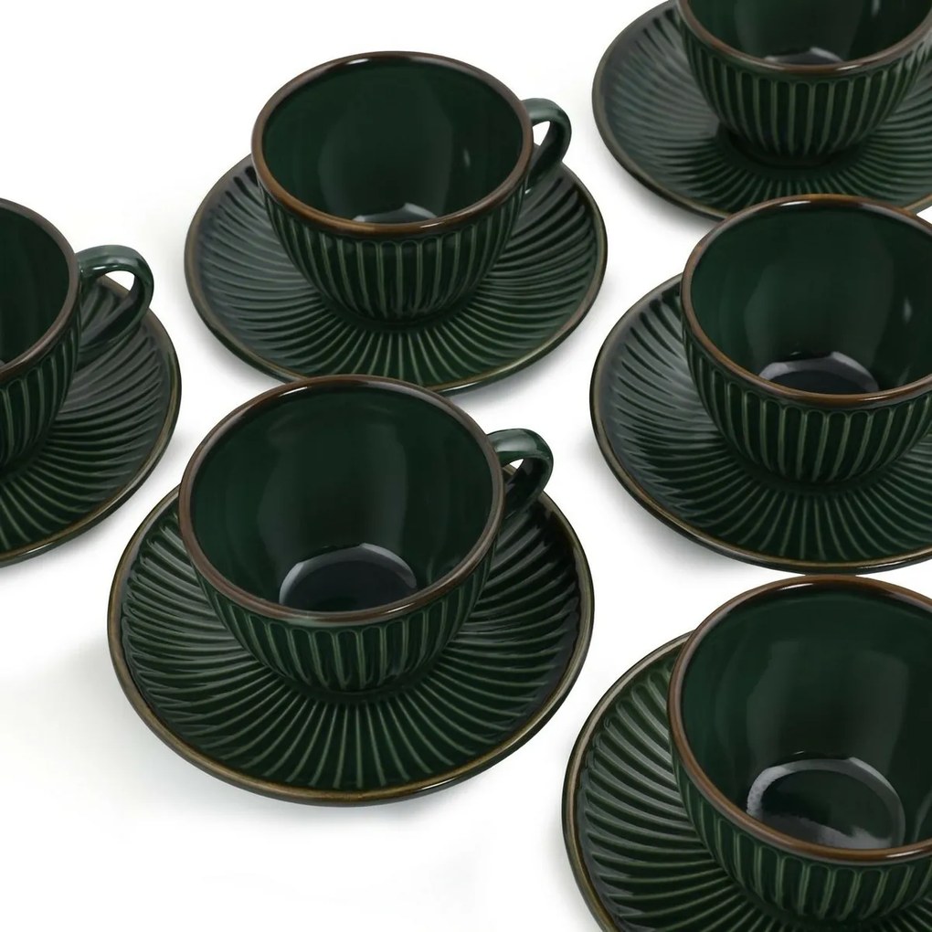 Zestaw 6 filiżanek ceramicznych ze spodkami Linea 210 ml, zielony