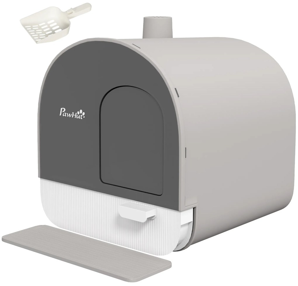 PawHut Kuweta z pokrywą, łopatką, matą na żwirek, plastik, szara/czarna | Aosom PL