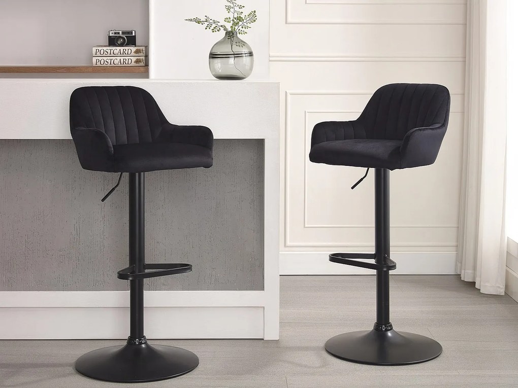Zestaw 2 stołków barowych z weluru i metalu - Regulowana wysokość - Czarny - ELEANA
