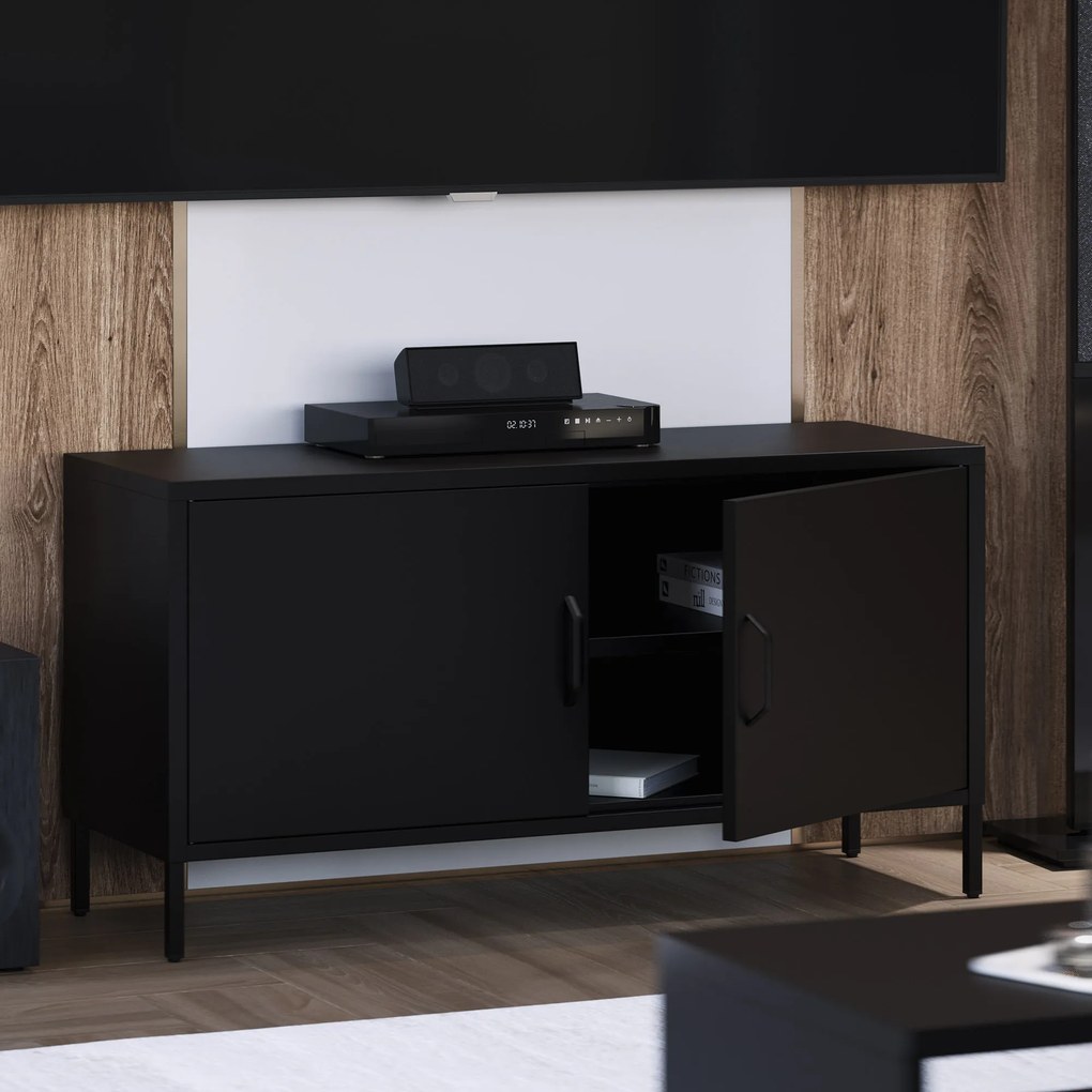 Szafka RTV metalowa na nóżkach czarna, 1150x595x400 mm: ROSA Modern