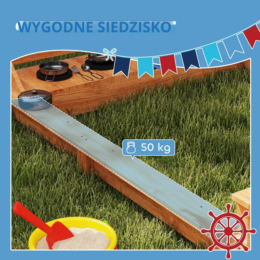Outsunny Piaskownica z osłoną przeciwsłoneczną Piracki Statek, w zestawie zestaw kuchenny dla dzieci, Drewno Jodłowe, 180 x 103 x 144,5 cm, Pomarańczowy