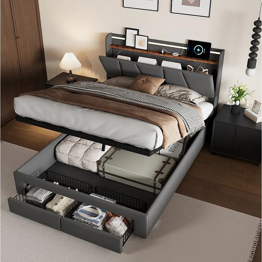 Łóżko dla dorosłych z pojemnikiem 140×190 cm z wielokolorowymi diodami LED, zagłówkiem ze schowkiem, 2 szufladami + porty USB i typu C – ciemnoszary