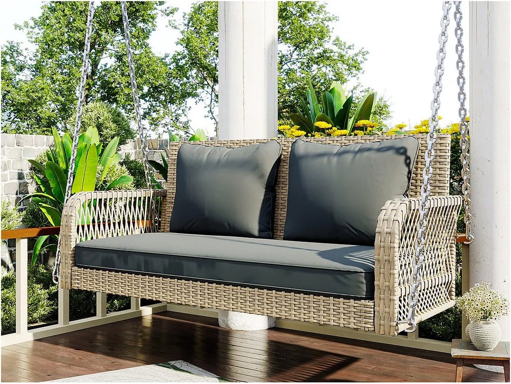 Fotel wiszący z plecionki syntetycznej - Huśtawka ogrodowa - 2 miejsca - z poduszkami - Beżowy i Szary